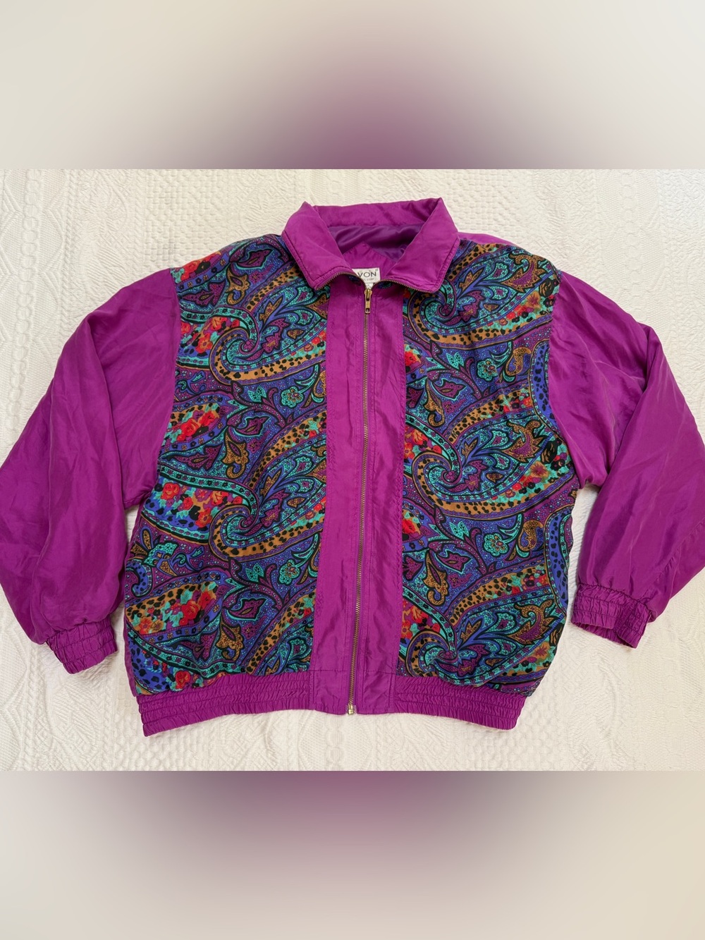 Vintage Lavon 100% Silk Paisley Bomber Jacket Women’s M Purple 90s Retro Zip